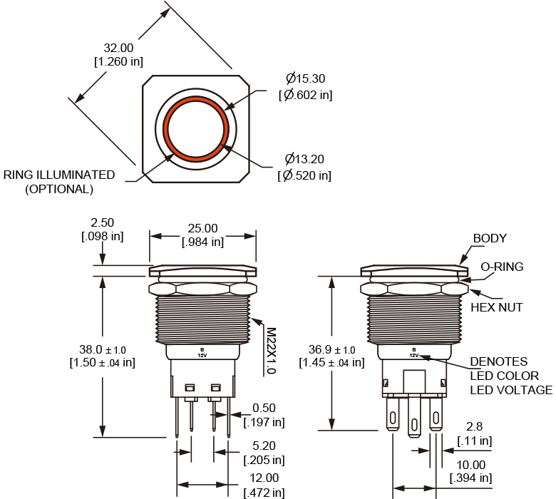 Square bezel anti-vandal switch