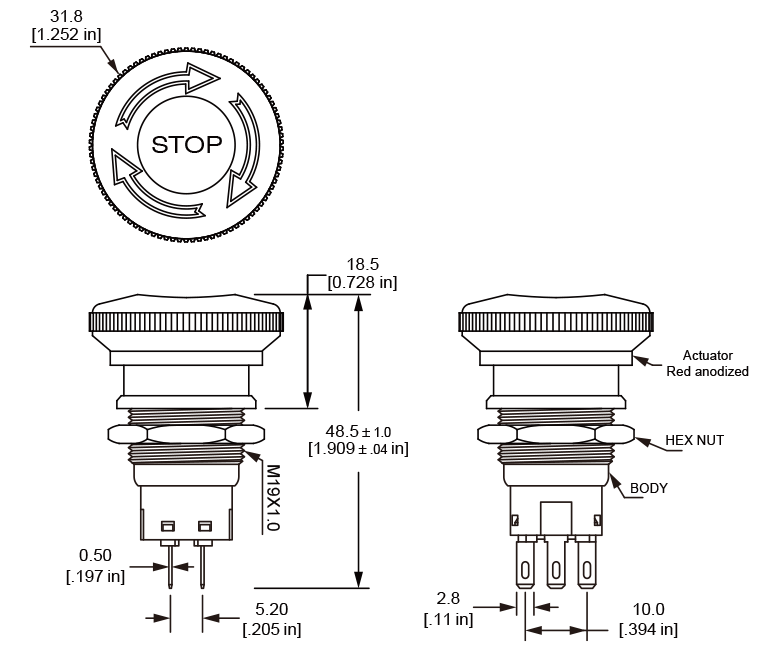 Langir ES19 Knurled Edge Emergency Stop Switch Design Drawings