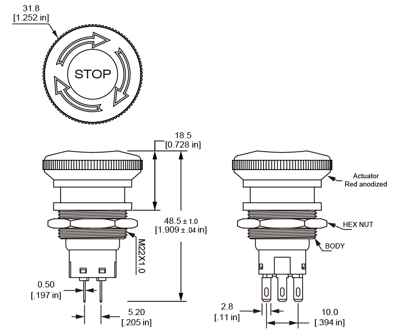 Langir ES22 knurled Edge Emergency Stop Switch Design Drawings