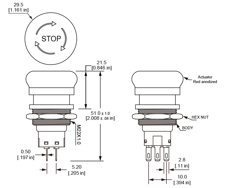 Langir ES22 Smooth Edge Emergency Stop Switch Design Drawings