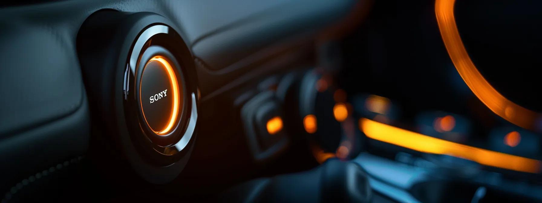 a close-up of a sleek, modern automotive starter button illuminated in a soft, warm light, showcasing its durable design and compatibility features against a blurred backdrop of a stylish vehicle interior.