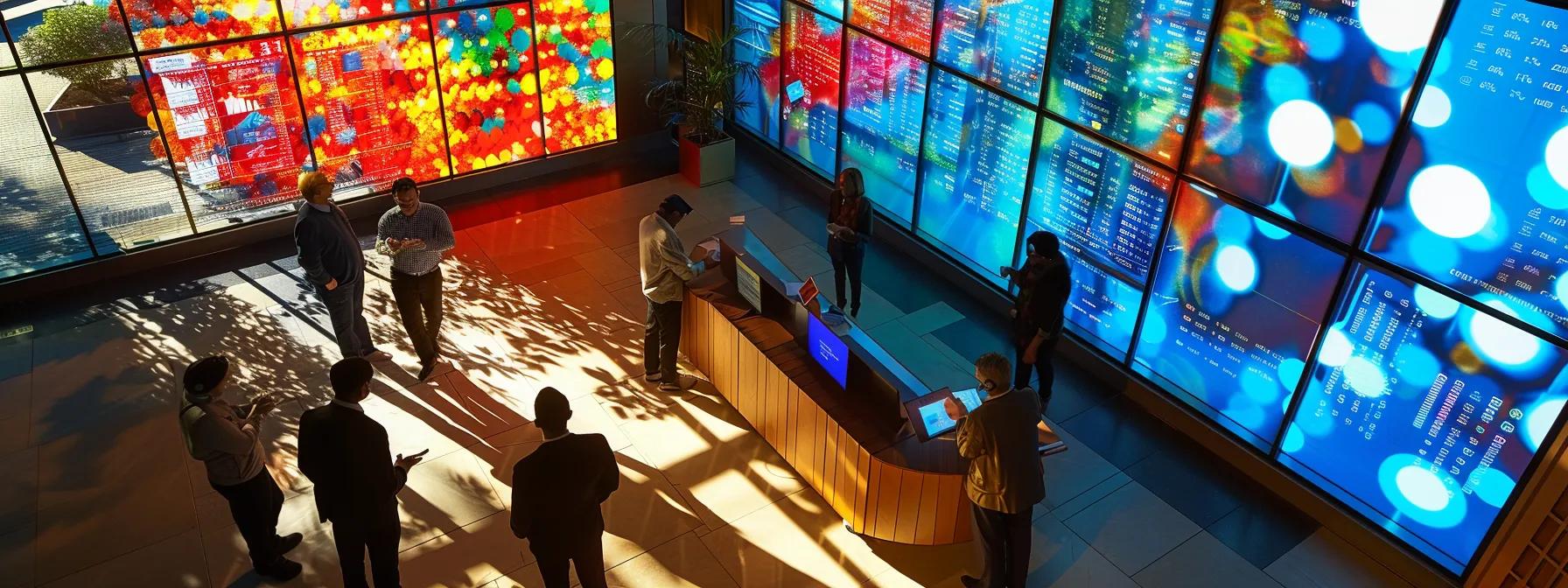 a dynamic workspace featuring a diverse group of professionals engaged in a vivid discussion over digital screens, analyzing colorful pricing charts and graphs, with a bright, modern office setting illuminated by natural light.
